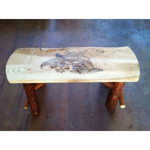  Rustic Sassafras Farm Bench with Racoons Woodburn   4 Foot 