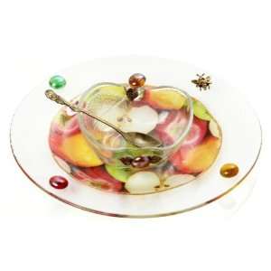  Glass Rosh Hashanah Honey Dish on Stand with Picture of 