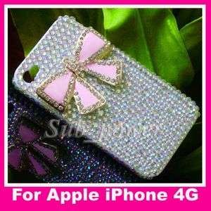 New 3D Rhinestone Pink BOW Bling Crystal back Case cover for iPhone 4 