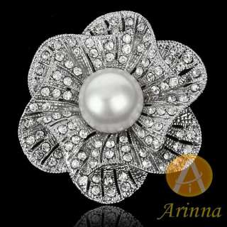 ARINNA clear flower pearl rhinestone fashion Brooch Pin 18KWGP 