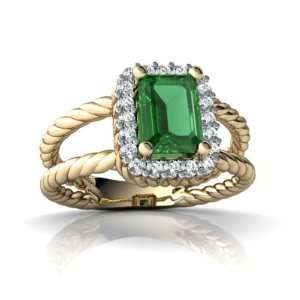  14K Yellow Gold Emerald cut Created Emerald Rope Ring Size 