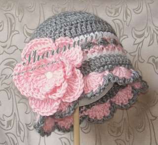 New Crochet Baby Girl PHOTO PROP Gray Flower Hat Cap Bonnet Beanie 