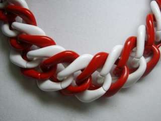Chunky Vintage Red & White Lucite Large Chain Link Necklace 17 x 1 1 