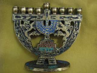   JERUSALEM ~ Rare Miniature Colored Brass Hanukkah Menorah Lamp, Israel