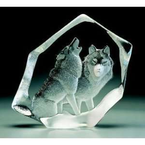  Large Wolf Mates Etched Crystal Sculpture by Mats Jonasson 