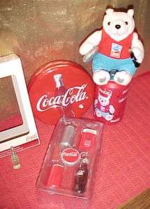 COCA   COLA ITEMS TIN POP CAN WITH BEAR. 5   ORNAMENTS.  