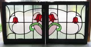 Pair of Antique Stained Glass Windows Six color Ruby Tulips  