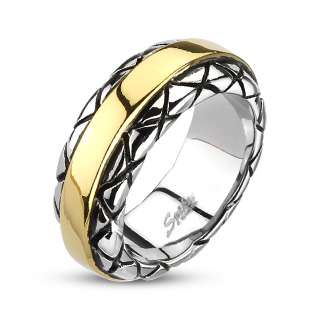 Stainless Steel Gold Striped Checkered Etched Band Ring Size 9 13 