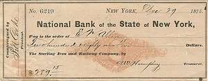 1875 National Bank of the State of New York Check  