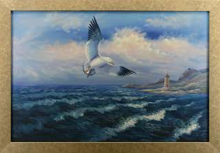 Seagull Flying Sky Soaring Ocean Waves Lighthouse Bird Art FRAMED OIL 