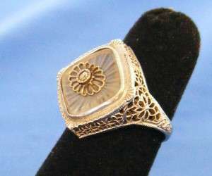   18k White Gold Rock Crystal Camphor Glass Diamond Filigree Ring  