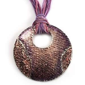    Pink Round Enamel Silk Cord Pendant Necklace (Silver Tone) Jewelry