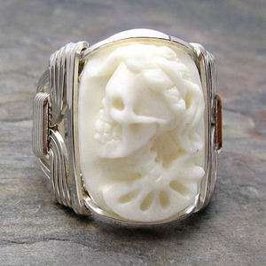   Cow Bone Lady Skull Cameo Sterling Silver Wire Wrapped Ring ANY size