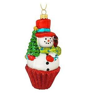  Cupcake Snowman With Red Wrapper Glass Ornament