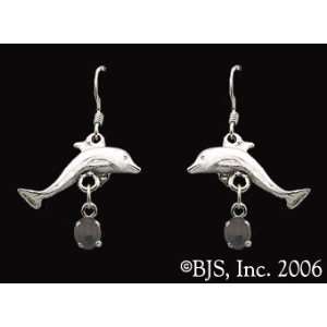  Dolphin Gemstone Earrings, 14k White Gold, Black Onyx set 