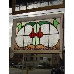  Art Nouveau Double Red Floral Antique Stained Glass