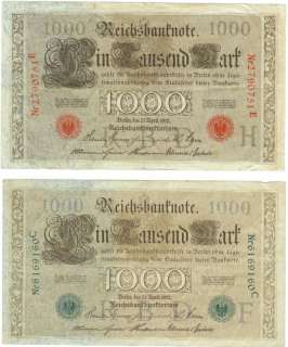 GERMANY two 1910 1000 Mark Reichsbanknote; Red & Green  