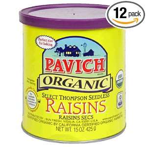 Pavich Organic Select Thompson Seedless Raisins, 15 Ounces (Pack of 12 