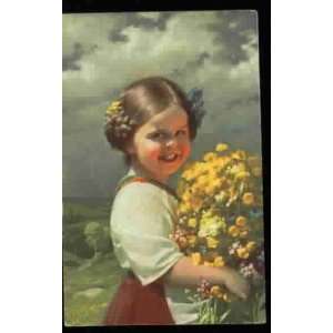  BEAUTIFUL vintage postcard      Dutch/German girl with Flowers 