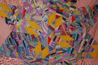   Folk Art Crazy Lone Star Hand Stitched Antique Quilt ~NICE FABRICS