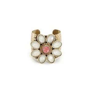  Plated Retro FLower Cuff Bracelet With White & Pink Vintage Art Glass