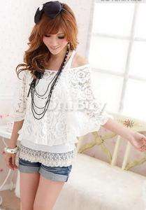 FreeShip Fashion Women Top Shirt Lace Cover Up Blouse Vest 2in1  