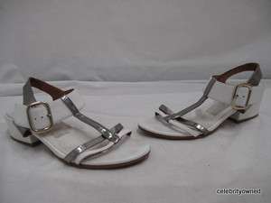 Lanvin White/Pewter Leather T Strap Low Chuny Heels 37  