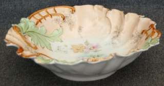 ANTIQUE RS PRUSSIA PINK WHT PEACH FLORAL SCALLOPED BOWL  