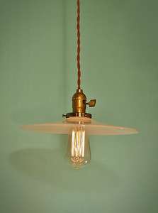   Industrial Hanging Light w/ Flat Lamp Shade   Machine Age Milk Glass