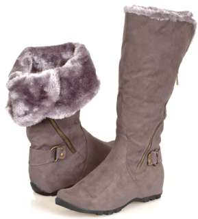 HOT Shearling Fur Gray Mid Calf Womens Flat Micro Suede Winter 