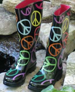Womens 1,4,3.Girl Brand LARGE COLORFUL PEACE SIGN Rain Boots Size 9 