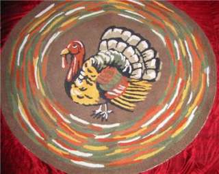 Huge Primitive Hooked Prim Turkey Rug Mat Thanksgiving  