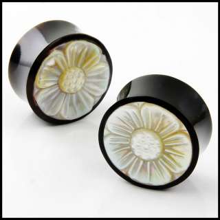 Double Flare Organic Horn Mother of pearl Flower EAR PLUGS Gauges 