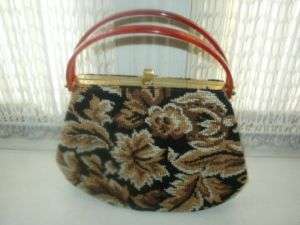 Vintage, Elegant, Floral Tapestry Handbag Lucite Handle  