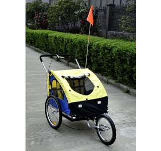   2IN1 DOUBLE KIDS BABY BIKE BICYCLE TRAILER STROLLER JOGGER Yellow Blue