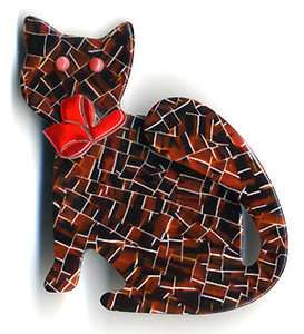 Vintage Lea Stein Mosaic Pattern Watching Cat Brooch Pin  