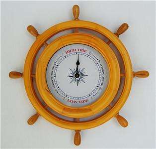 NAUTICAL WOOD SHIP WHEEL TIDE CLOCK COMPASS ROSE #633 S  