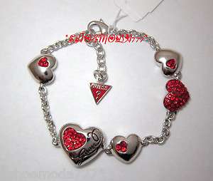GUESS Exclusive Multi Heart Bracelet Red Rhinestones Silver Tone Gift 