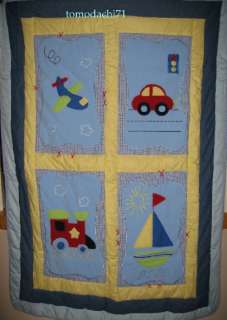 Comforter Quilt features the cutest patches of train, plane, car and 