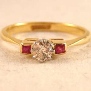ART DECO DIAMOND & RUBY SOLITAIRE ENGAGEMENT RING 18ct PLATINUM size M 
