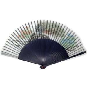  Peacock Blossom Blue Bamboo Wood Oriental Silk Folding Fan 