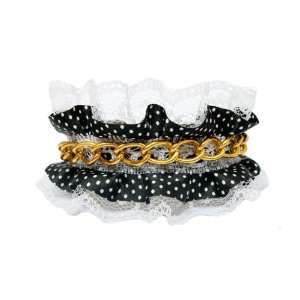   White Lace, Polka Dot Ribbon Embellished with a Gold Chain, Black
