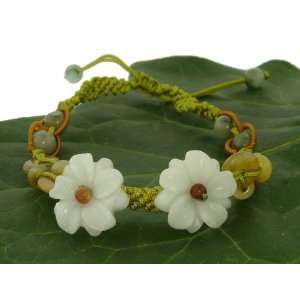 Adjustable Geniuen Jade Bracelet Made with Double Mums Flowers and 