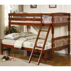  Twin Full Size Bunk Bed with Turned Details in Brown Pine 