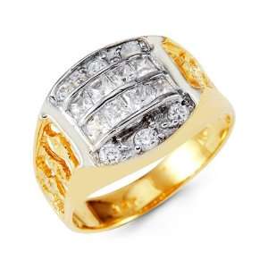  Mens 14k Yellow White Gold Princess Round CZ Crown Ring Jewelry