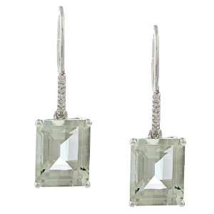   White Gold Emerald Cut Green Amethyst and Diamond Earrings Jewelry