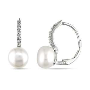 10k White Gold, Diamond and Pearl Earrings,(.1 cttw, IJ Color, I2 I3 