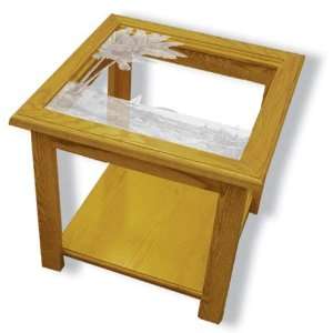   Palm Trees in Etched Glass Top Oak Square End Table