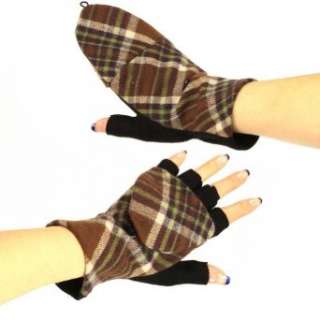  Winter Wool Plaid Flip Top Fingerless Snug Gloves Brown 