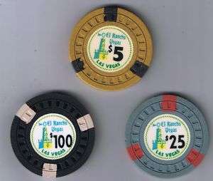 El Rancho Vegas Hotel $100 $25 $5 Casino Chips 1960  